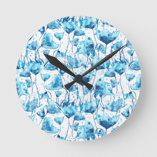 Blue Watercolor Daisies Runde Wanduhr (Vorderseite)