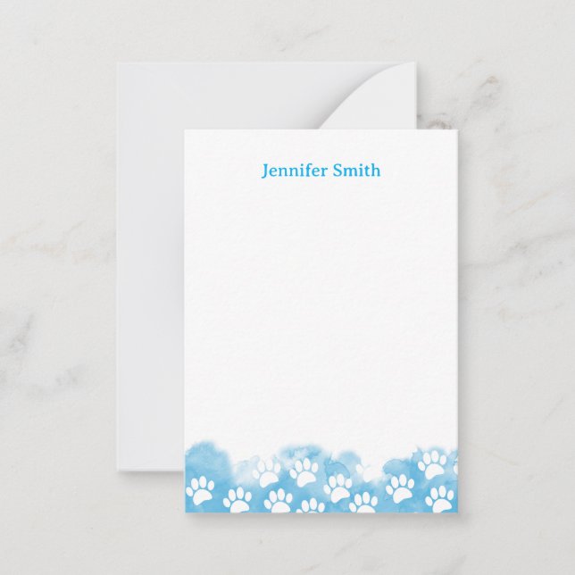 Blue Watercolor Dog Paw Personalized Stationery Mitteilungskarte (Vorderseite)