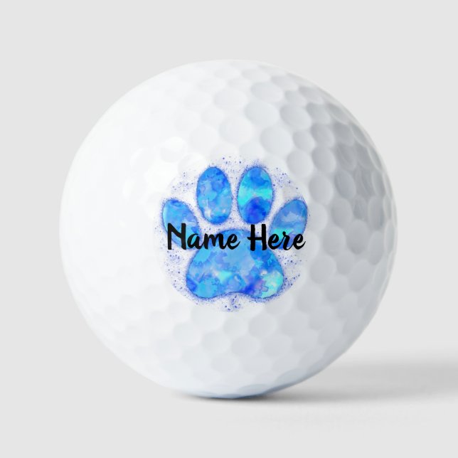 Blue Watercolor Dog Paw Print Individuelle Name Golfball (Vorderseite)