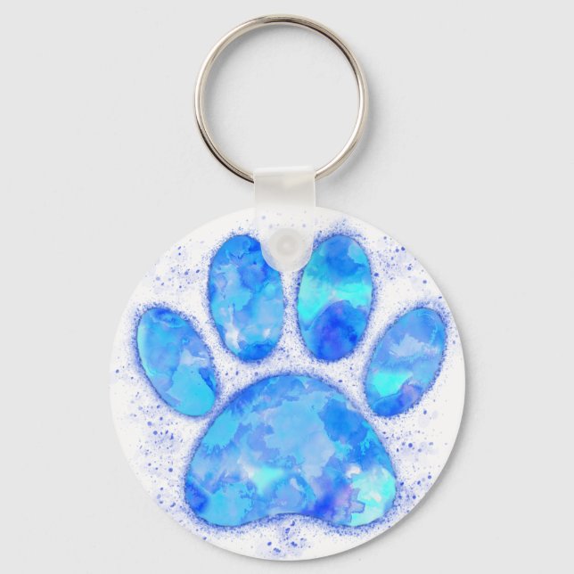 Blue Watercolor Dog Paw Print Schlüsselanhänger (Vorderseite)