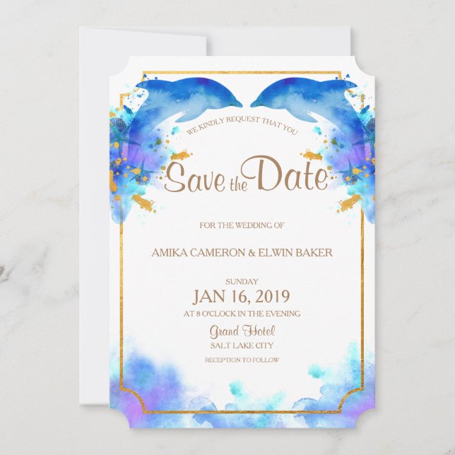 Blue Watercolor Dolphin Save the Date Card (Vorderseite)
