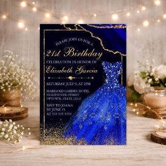 Blue Watercolor Dress & Agate 21. Geburtstag Einladung