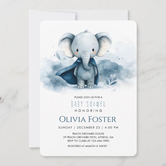 Blue Watercolor Elephant Baby Shower Einladung (Vorderseite)