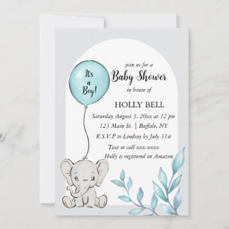 Blue Watercolor Elephant Baby Shower Einladung