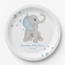 Blue Watercolor Elephant Boy Baby Dusche Pappteller