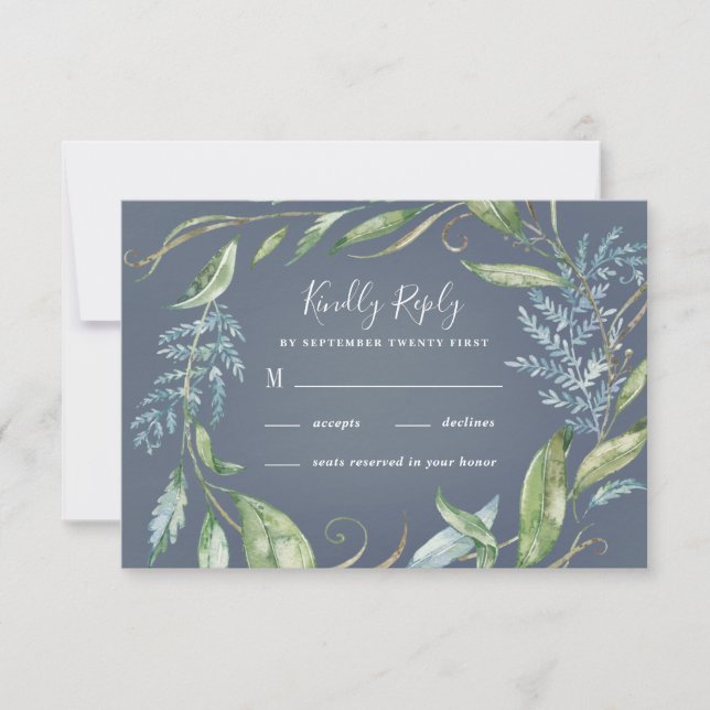 Blue Watercolor Eucalyptus Greenery Wreath Wedding RSVP Karte (Vorderseite)