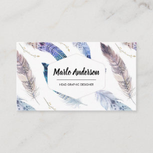 Blue Watercolor Feathers Modern Boho Business Card Visitenkarte