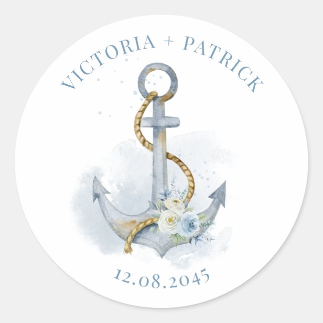 Blue Watercolor Floral Anchor Nautical Wedding Runder Aufkleber (Vorderseite)