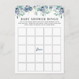 Blue Watercolor Floral Baby Shooter Bingo Game Car Begleitkarte