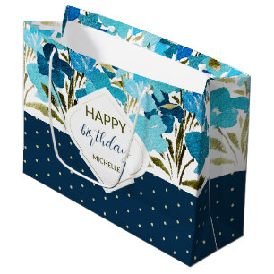 Blue Watercolor Floral Boho Handgemalt Große Geschenktüte