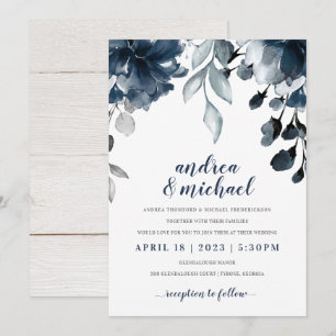 Blue Watercolor Floral Bouquet Wedding Einladung