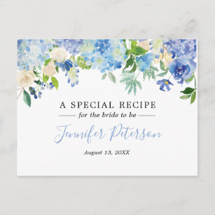 Blue Watercolor Floral Brautparty Rezept Card Postkarte