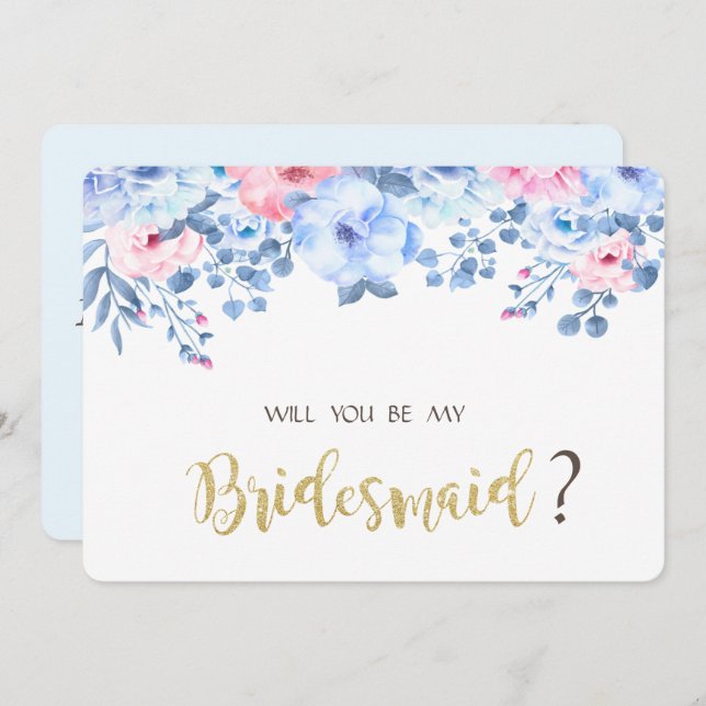Blue Watercolor Floral Bridesmaid Card Einladung (Vorne/Hinten)