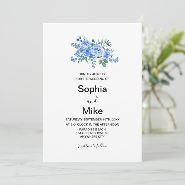 Blue Watercolor Floral Butterflies Wedding Einladung (Stehend Vorderseite)