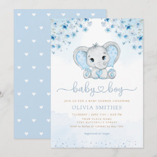 Blue Watercolor Floral Elephant Boy Baby Dusche Einladung