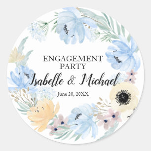 Blue Watercolor Floral Engagement Party, bearbeitb Runder Aufkleber