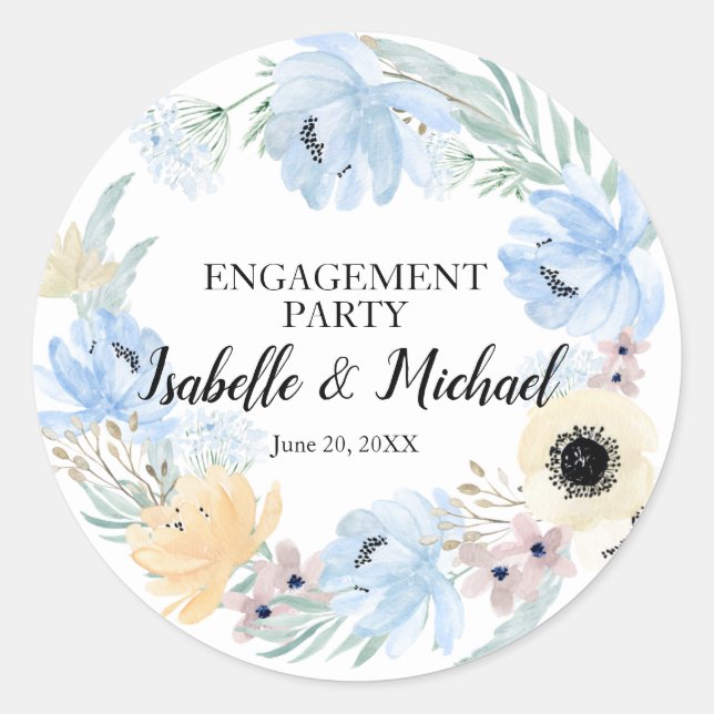 Blue Watercolor Floral Engagement Party, bearbeitb Runder Aufkleber (Vorderseite)