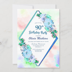 Blue Watercolor Floral Geometric 90. Geburtstag Einladung