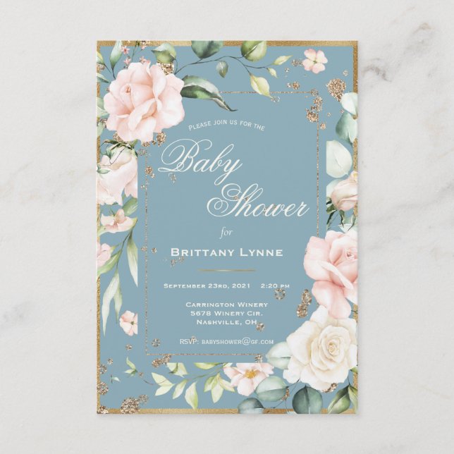 Blue Watercolor Floral Gold Frame Baby Dusche Einladung (Vorderseite)