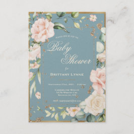 Blue Watercolor Floral Gold Frame Baby Dusche Einladung
