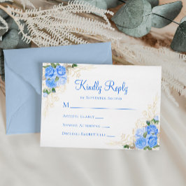 Blue Watercolor Floral Gold Wedding RSVP Card Karte