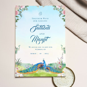 Blue Watercolor Floral Indian Peacock Wedding Einladung