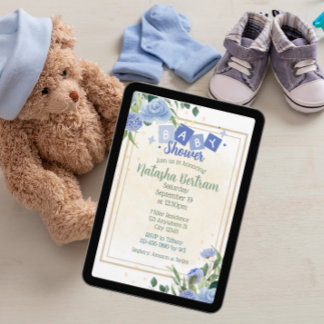 Blue Watercolor Floral Leaves Baby Shower Einladung