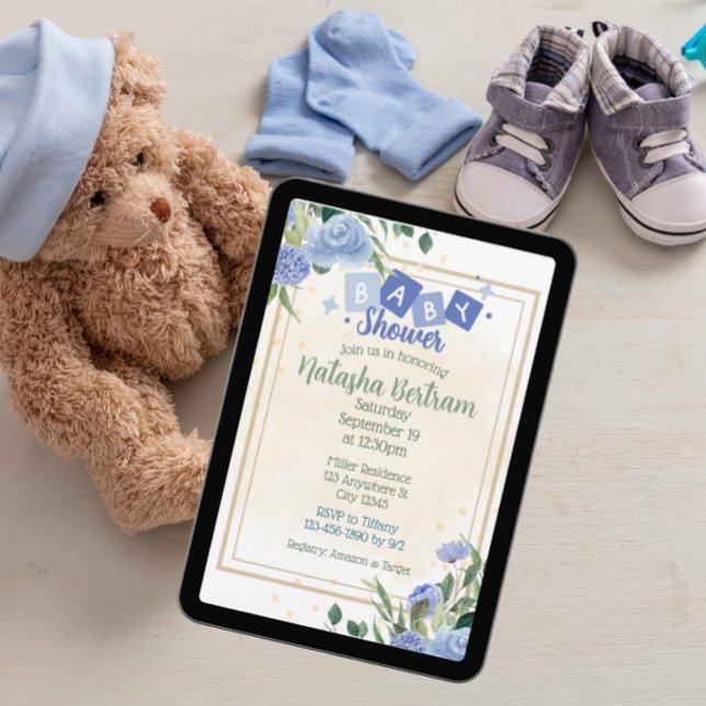 Blue Watercolor Floral Leaves Baby Shower Einladung (Von Creator hochgeladen)