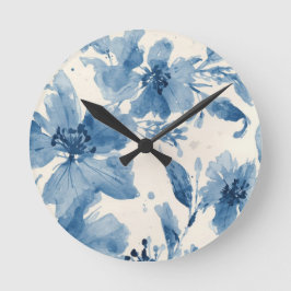 Blue Watercolor Floral Painted Botanical Whimsical Runde Wanduhr