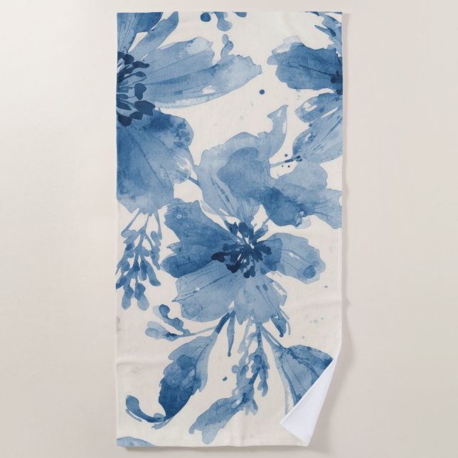Blue Watercolor Floral Painted Botanical Whimsical Strandtuch (Vorderseite)