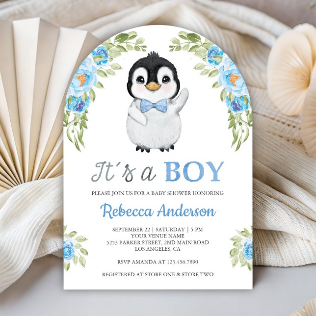 Blue Watercolor Floral Penguin Baby Shower Einladung (Von Creator hochgeladen)