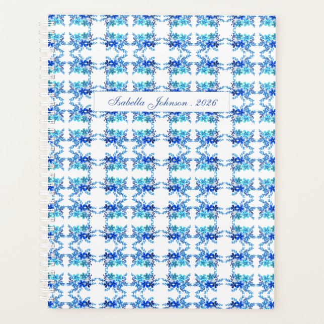 Blue Watercolor Floral Personalized Planner Planer (Vorderseite)