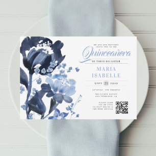 Blue Watercolor Floral QR Code Quinceñera Einladung