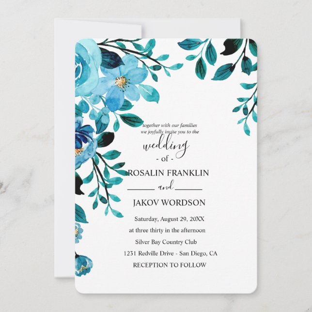 blue watercolor floral rustic wedding einladung (Vorderseite)