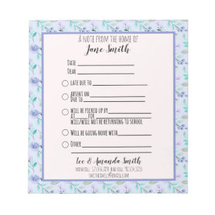 Blue Watercolor Floral School Note 1 Kind Notizblock