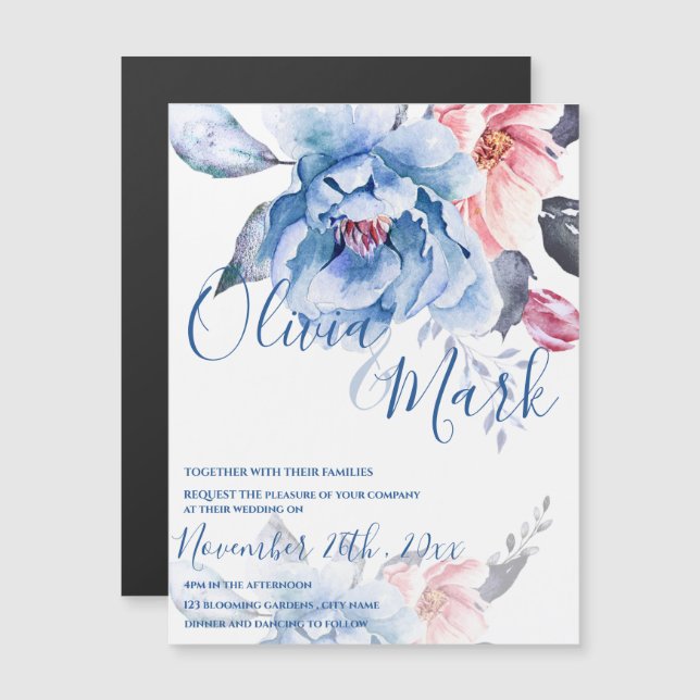 Blue Watercolor Floral Script Hochzeit Magneteinladung (Vorne/Hinten)