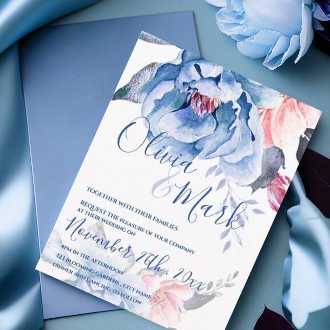 Blue Watercolor Floral Script Hochzeit Postkarte (Blue Watercolor Floral Script Wedding Invitation Postcard )
