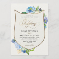 Blue Watercolor Floral Vintag Gold Wappen Hochzeit