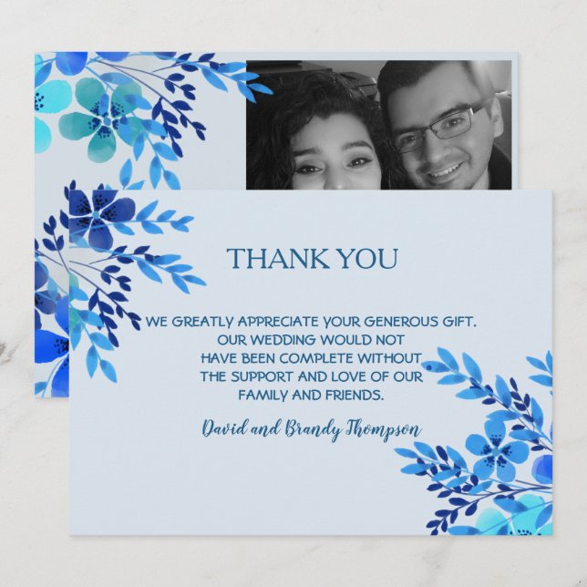 Blue Watercolor Floral Wedding Danke Notiz (Vorne/Hinten)