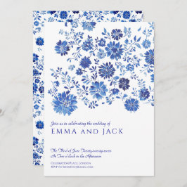 Blue Watercolor Floral Wedding Invitation Einladung