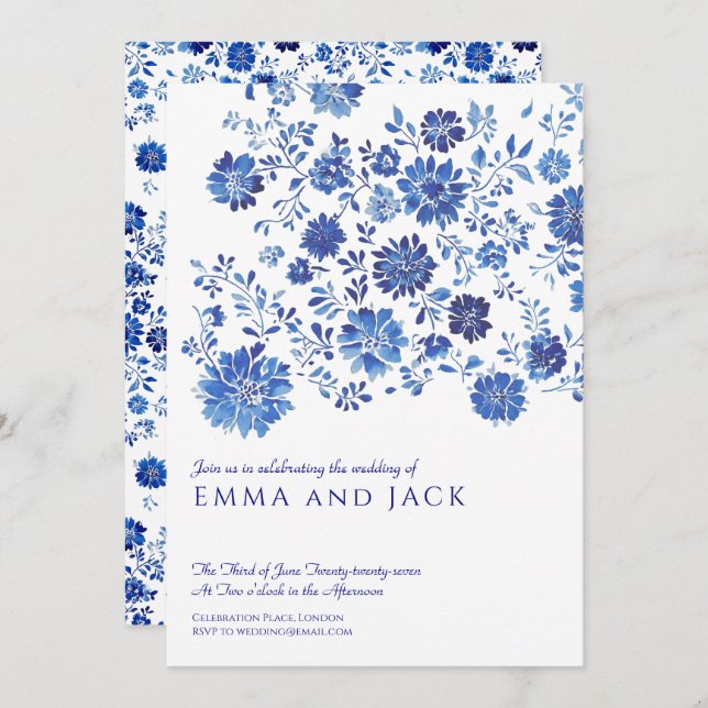 Blue Watercolor Floral Wedding Invitation Einladung (Vorne/Hinten)