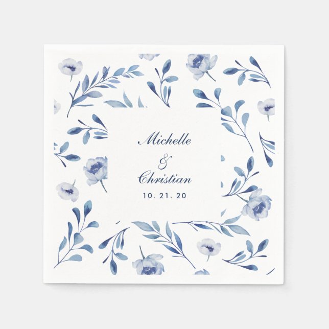 Blue Watercolor Floral Wedding Napkin Serviette (Vorderseite)