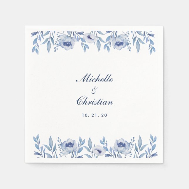 Blue Watercolor Floral Wedding Napkin Serviette (Vorderseite)