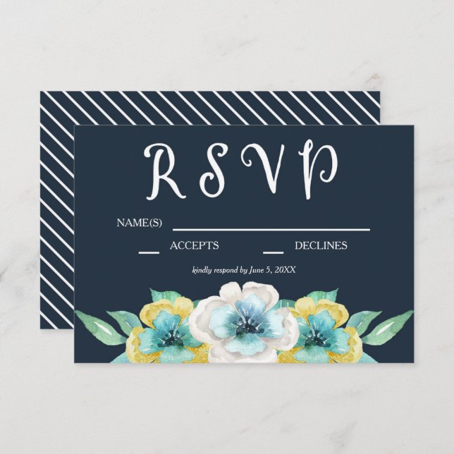Blue Watercolor Floral Wedding RSVP (Vorne/Hinten)