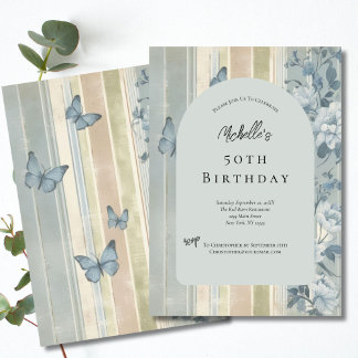Blue Watercolor Florals Butterflies 50. Geburtstag Einladung