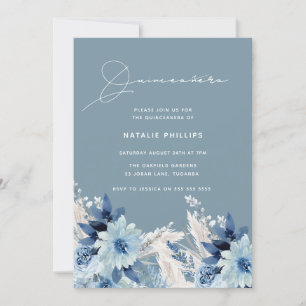 Blue Watercolor Florals Modernes Quinceañera Party Einladung
