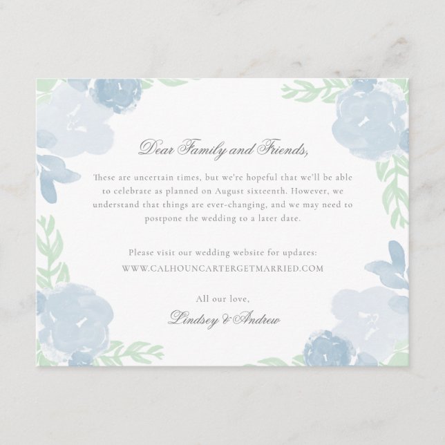 Blue Watercolor Florals Wedding Postponement Card Begleitkarte (Vorderseite)