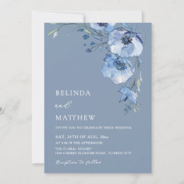 Blue Watercolor Flowers Casual Wedding Einladung