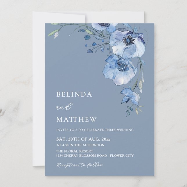 Blue Watercolor Flowers Casual Wedding Einladung (Vorderseite)