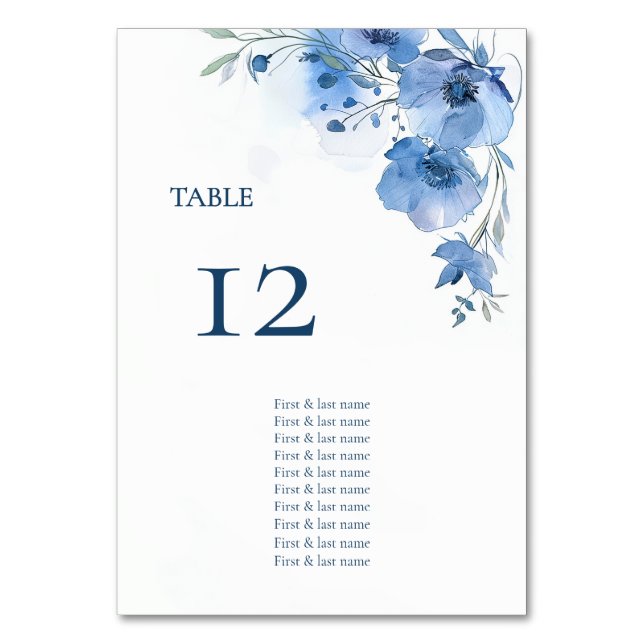 Blue Watercolor Flowers Seating Chart Tischnummer (Vorderseite)